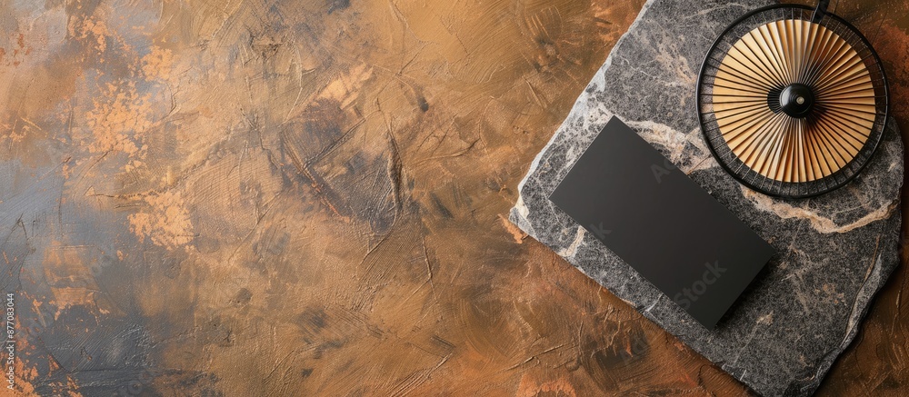 Aufkleber Top view of a modern business card mockup on a granite surface next to a fan on a brown grunge background, creating a stylish template for branding with copy space image.