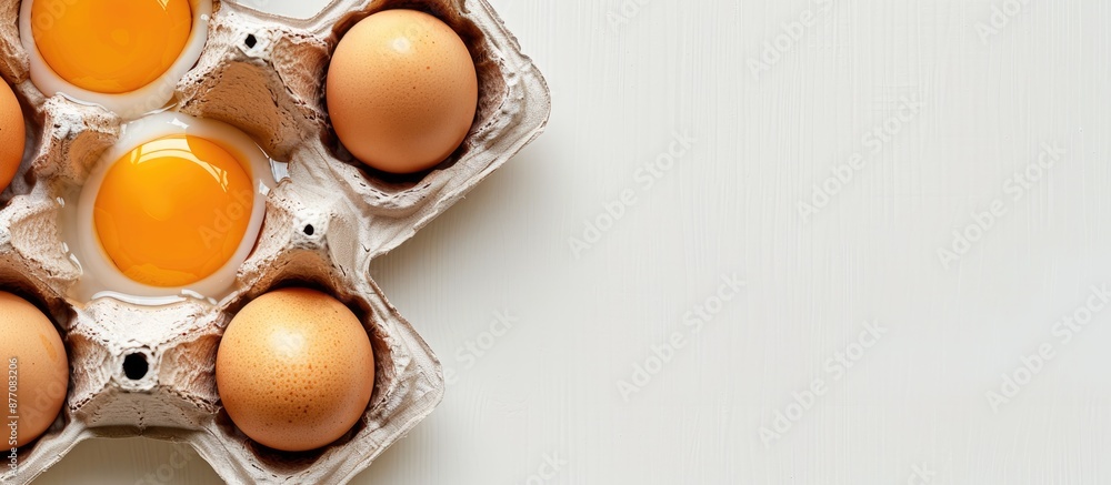 Poster eggs, fresh and appetizing, arranged in egg cartons on a white background with copy space image.