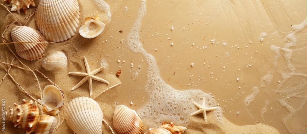 Poster A summer-themed scene featuring a sandy beach, seashells, and string, suitable for use as a background for text or other elements, with copy space image.