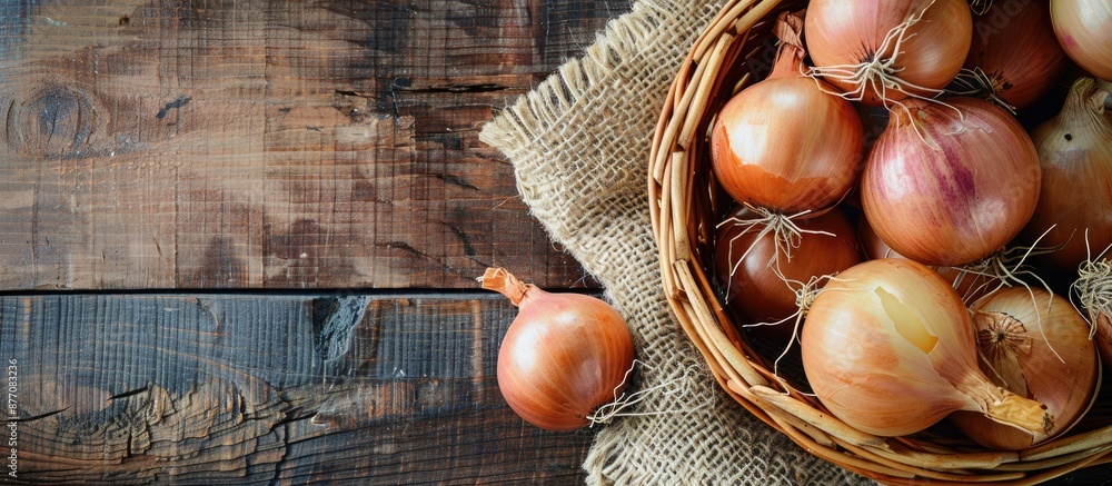 Poster onions arranged in a basket on a rustic wooden surface with copy space image.