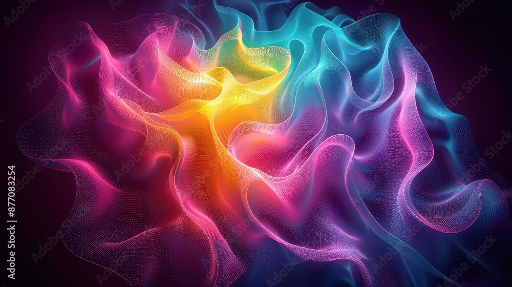 Poster flowing waves of different colors merge in a fluid abstract formation, creating a vibrant and dynami