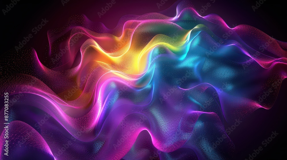 Poster an artistic representation of light waves in a rich spectrum of colors, flowing dynamically in an ab