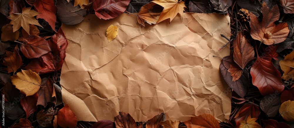 Poster fall-themed backdrop with dried leaves and a blank sheet for a copy space image