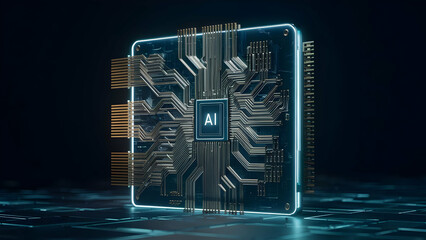 A photorealistic cinematic image revealing the intricate circuitry and advanced architecture of a cutting edge AI processor chip