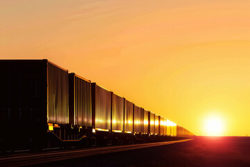 Fototapeta premium A train silhouette against a beautiful sunset sky, highlighting the tranquility of the evening and the vastness of the horizon.