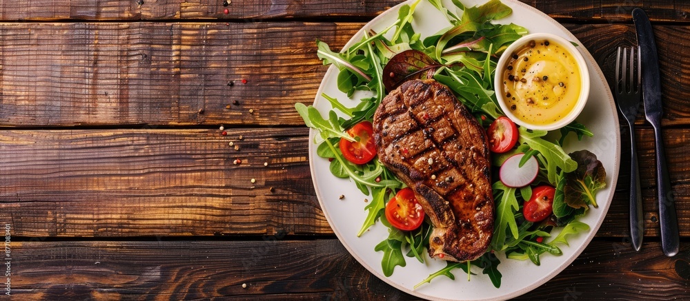 Poster Top-down view of a beef steak served with a fresh salad and savory sauce, displaying a vacant area for adding your text or copy space image.