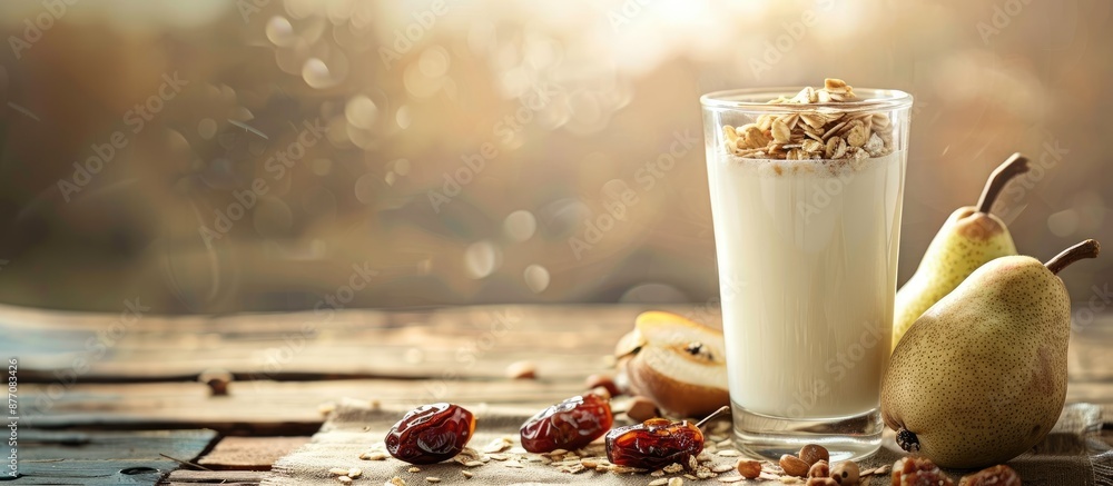 Poster a mixture of muesli, dates, and fresh pears, complemented by a glass of milk, creates a harmonious b
