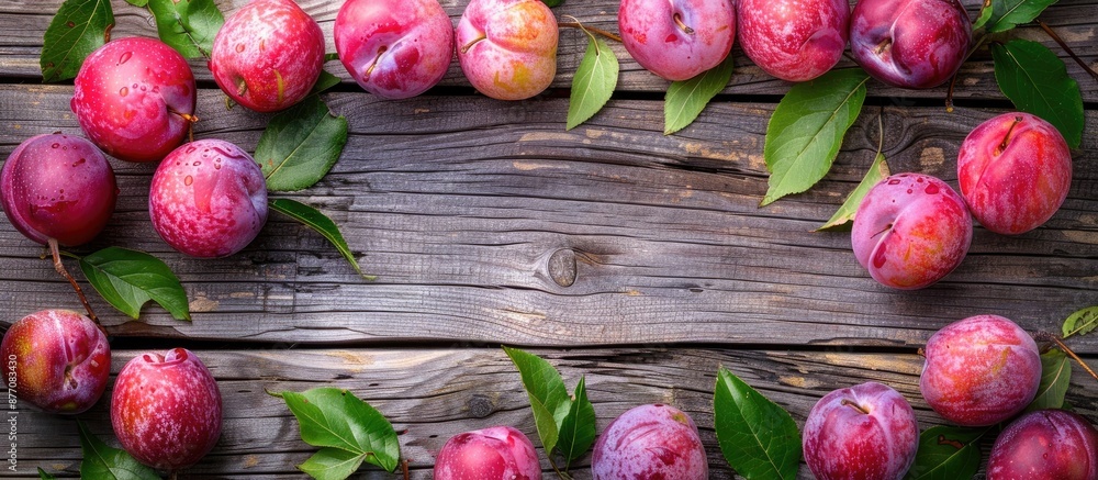 Poster abundance of copy space enhances the visual appeal of fresh pink plums with leaves on an aged wooden