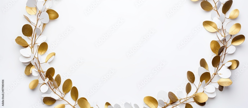Poster top view of a square wreath crafted from golden eucalyptus branches on a white backdrop, providing a