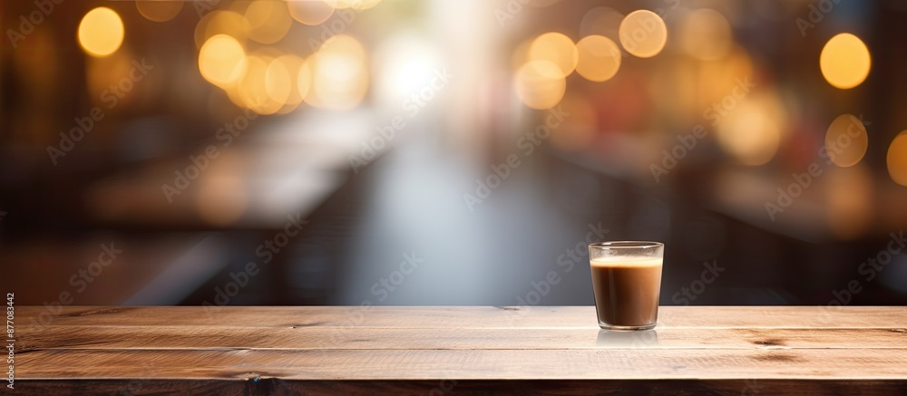Poster wooden table with no items on it, featuring a blurred coffee shop in the background illuminated with