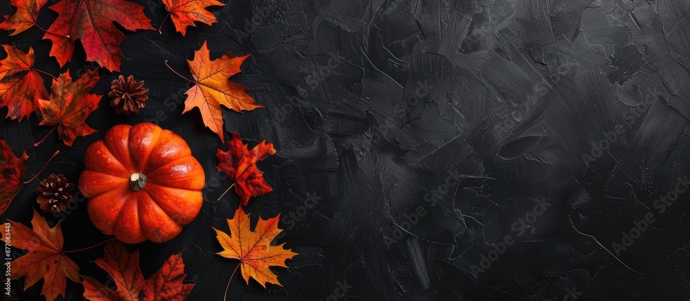 Aufkleber Vibrant fall maple leaves and a pumpkin placed on a dark backdrop with space for adding an image.