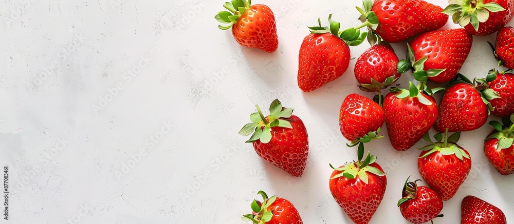 Poster White paper background with copy space image for text alongside a vibrant fresh strawberry.