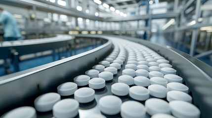Pharmaceutical facility  white capsules on conveyor for quality control and batch consistency