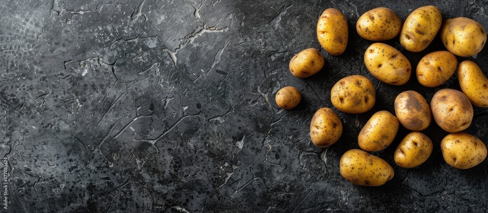 Poster Fresh potatoes arranged on a weathered concrete surface, highlighting a food background with ample copy space in a top-down view.