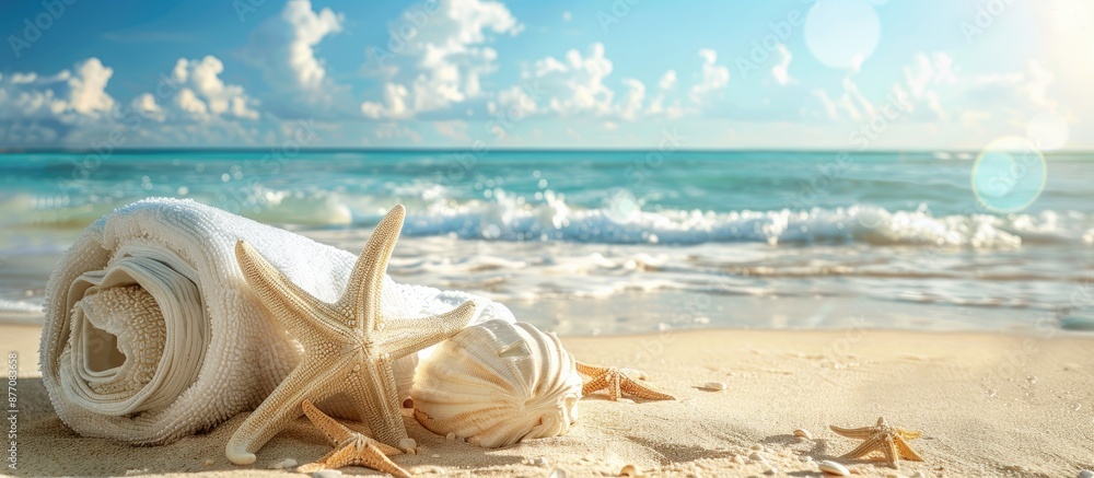 Poster Summer beach scene with towel as background and ample copy space image for decorating.