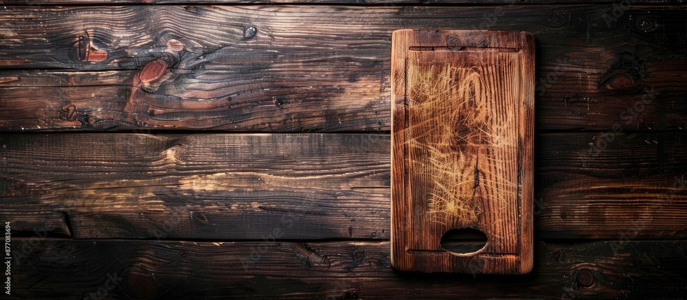 Poster a wooden cutting board is seen from above on a rustic dark wood countertop, providing a rustic backd