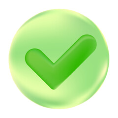 Cute 3D eco friendly check mark icon, in green glowing bubble, isolated transparent design element. Yes or approve icon. Vote vector clipart.