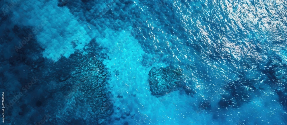 Poster aerial perspective of a serene blue ocean with paper on the surface, providing a clean copy space im