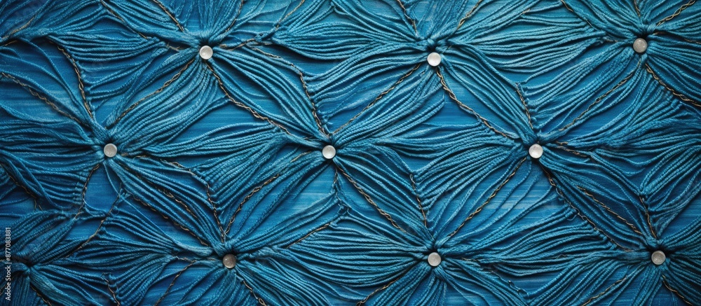 Aufkleber close-up image of a blue wool texture with intricate needlework on a natural fabric background, conv