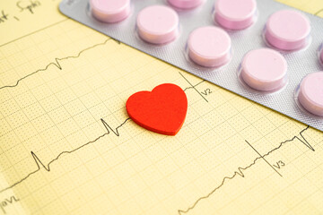 Electrocardiogram, ECG with red heart, heart wave, heart attack, cardiogram report.