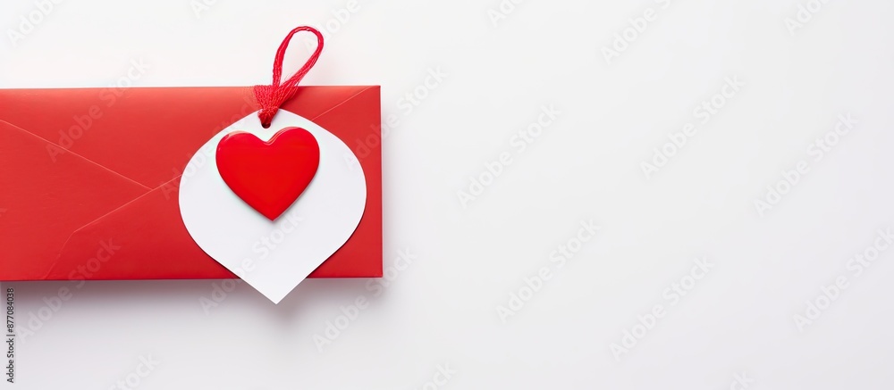 Poster valentine concept background with a red card featuring a heart-shaped clip on a white backdrop, conv