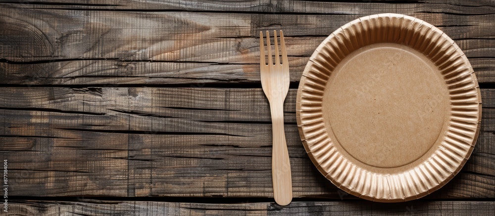 Poster Eco-friendly paper plate and fork set displayed on a rustic wooden table with ample space for adding text or images.