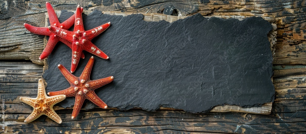 Poster flat lay composition featuring starfish on a rustic wooden surface with a blank black paper for copy