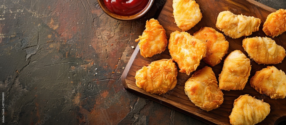 Aufkleber on the table lies a wooden board with delicious chicken nuggets accompanied by a flavorful sauce, cr