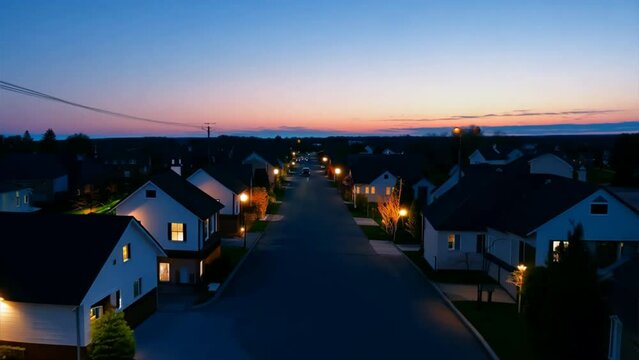 urban or suburban neighborhood at night, houses with lights gradually turning on, late evening or midnight, homes with garages, trees, driveways, street lamps