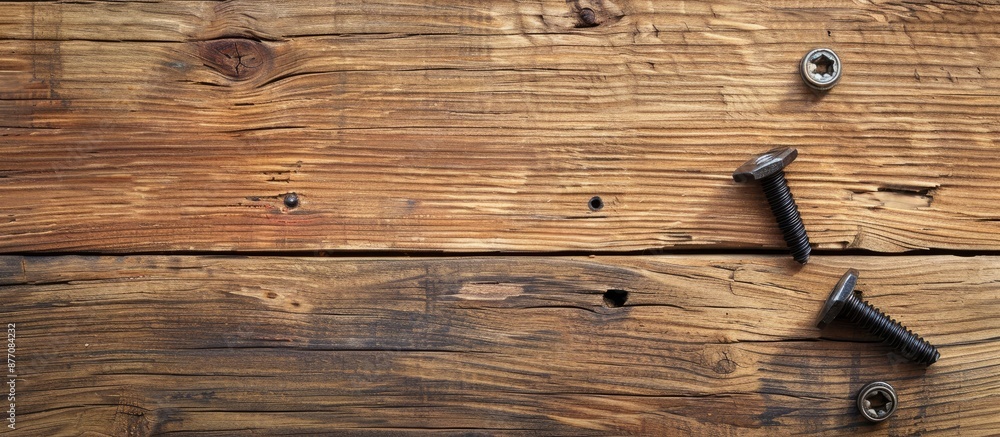 Poster attaching screws to a wooden surface with ample copy space image available for presentation.