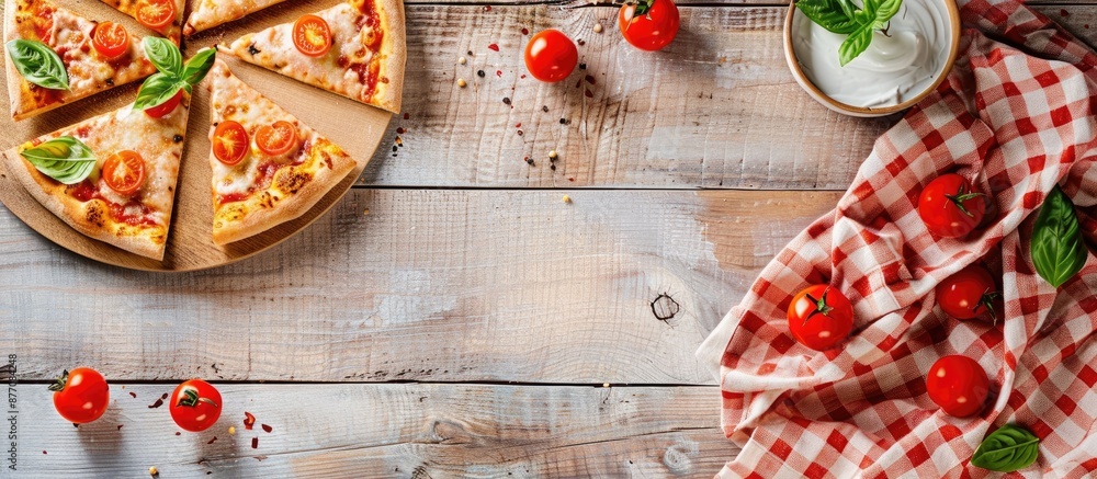 Poster restaurant table with pizza slices, giving the image an attractive copy space image.