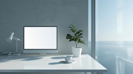 minimalist office setup with a clean white minimalistic desk