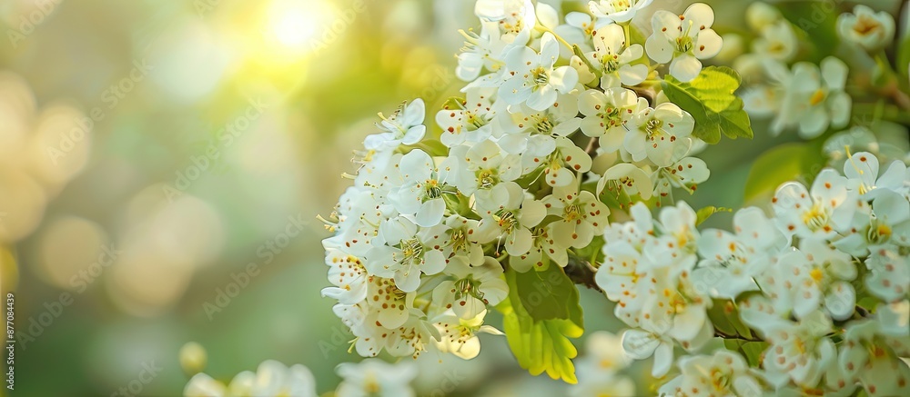 Sticker A Hawthorn bush in full bloom on the summer coast, surrounded by delicate petals, providing a picturesque copy space image.