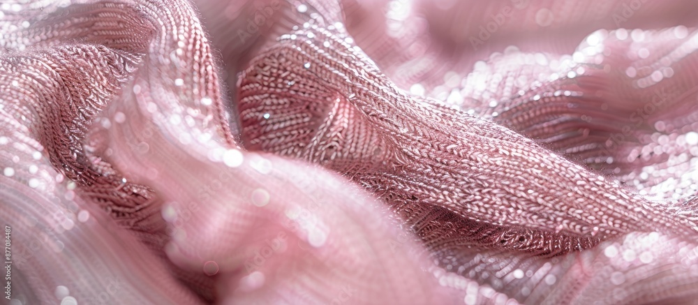 Poster Close-up image of a soft sleeve top knitted with metallic yarn in rose silver, creating a textured banner with copy space image.