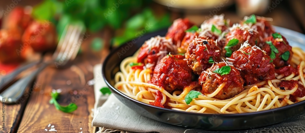 Aufkleber Selective focus on a plate of spaghetti and meatballs on a table with a copy space image available.