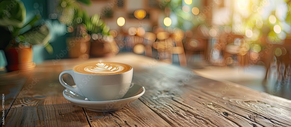 Poster enjoy a freshly brewed coffee with lovely latte art on a wooden table in a cafe setting, perfect for