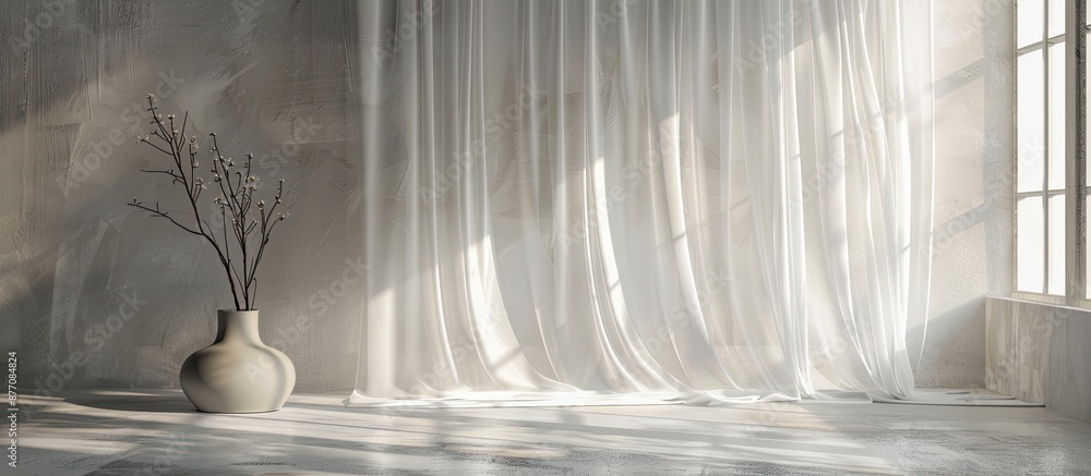 Fototapete White oil curtain hangs in front of window with a grey curtain on the side, showcasing a delicate and serene setting with a copy space image.