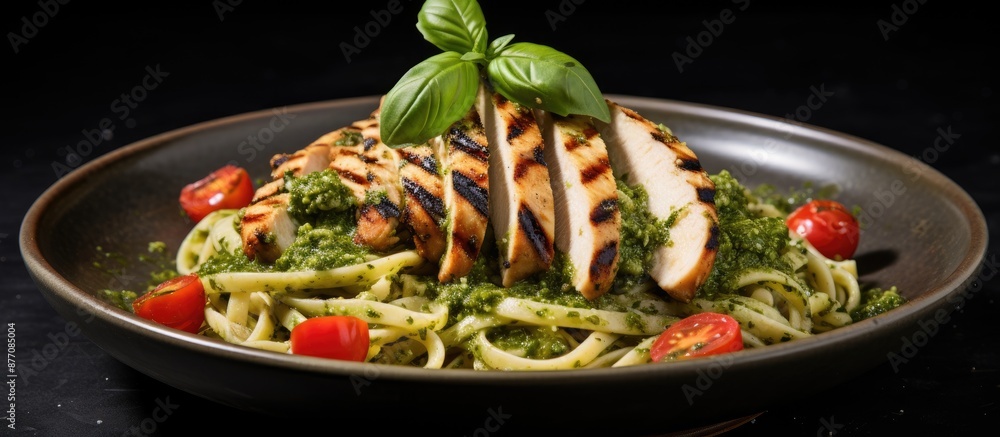 Poster grilled chicken pasta with basil pesto, having a fresh and appetizing appearance, will make for an i