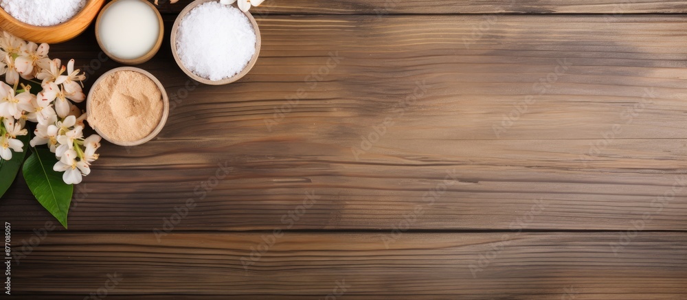 Poster top view of spa products and cosmetic clay on a wooden background with copy space image.