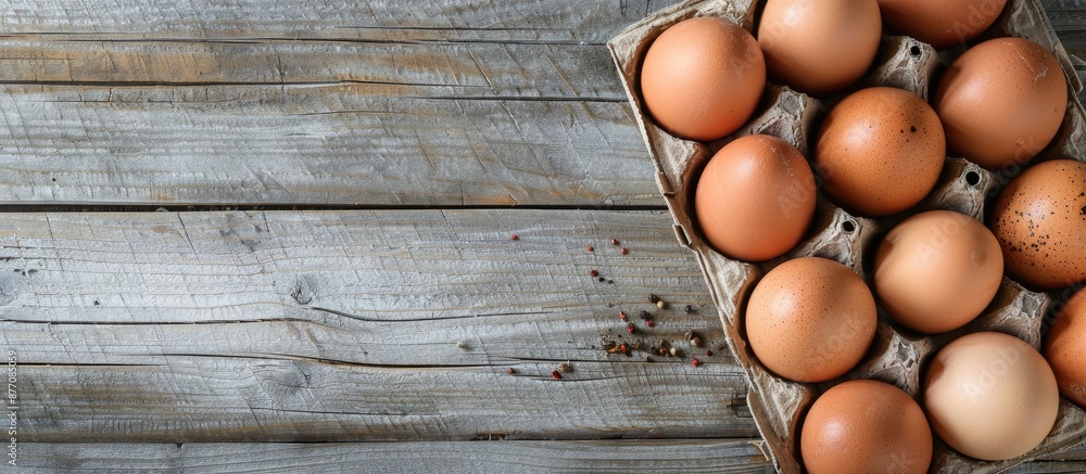 Poster top view of organic farm chicken eggs with pepper in a cardboard box placed on a gray wooden table, 