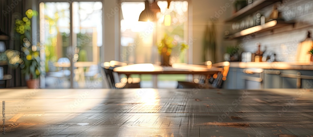 Poster blurred dining room in the background with a table top as the main focus, allowing for a copy space 
