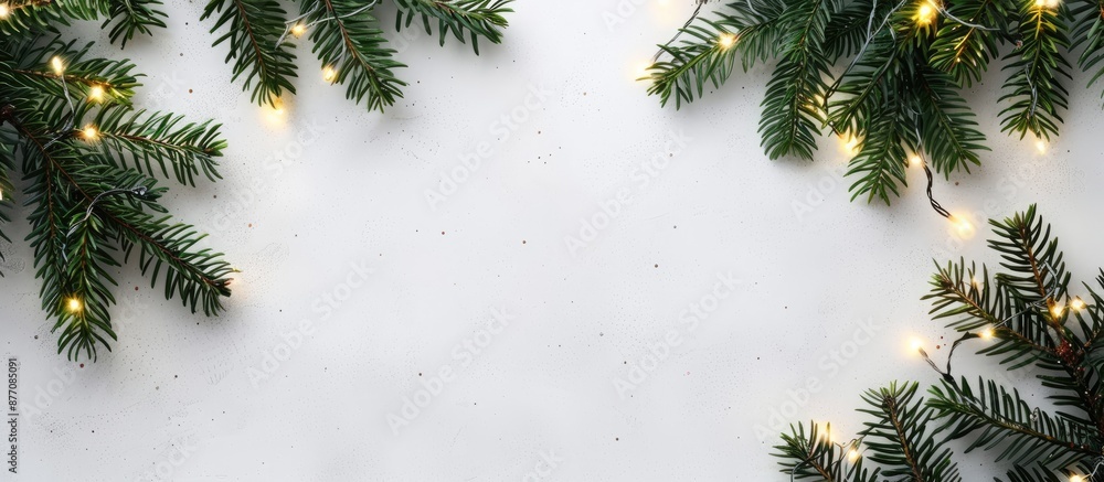 Aufkleber White background with Christmas lights, green tree branches, and space for text or image. Top view of a festive setting symbolizing New Year celebrations and greetings.