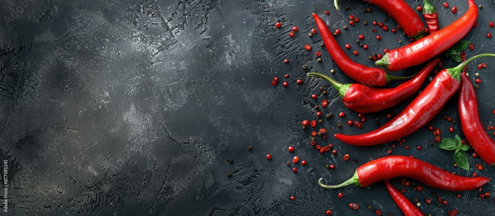 Poster Chili peppers arranged on a table with a blank space for text or images in the background.