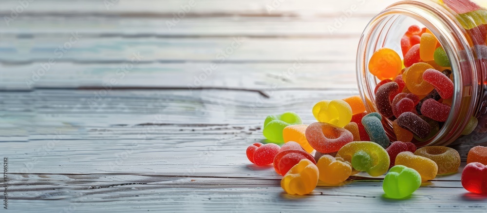 Poster colorful jelly candies spilling from an open glass jar on a white wooden backdrop creating a vibrant