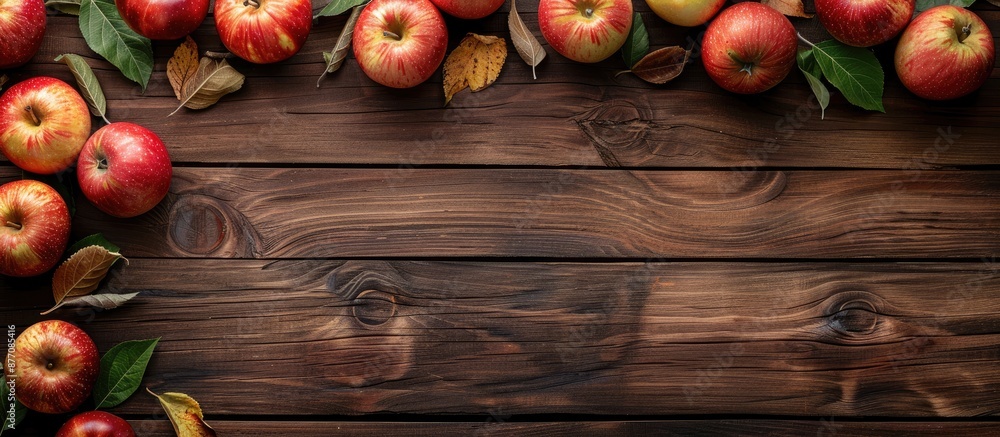 Poster Wooden background covered with apples. Flat lay view from the top with copy space image.