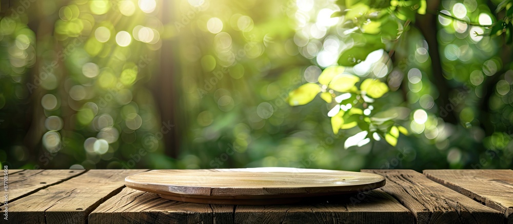 Aufkleber Wooden table with empty plate on top against a green blurred background. Copy space image available.