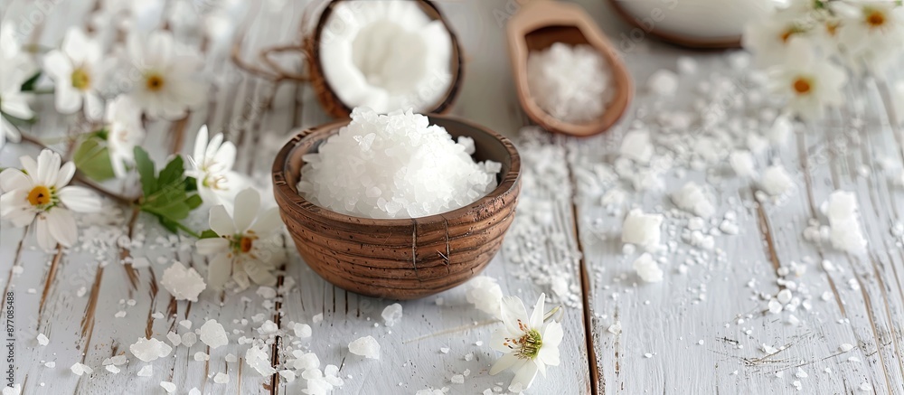Poster white wood table with coconut moisturizer cream and bath salt, showcasing a serene setting with a co