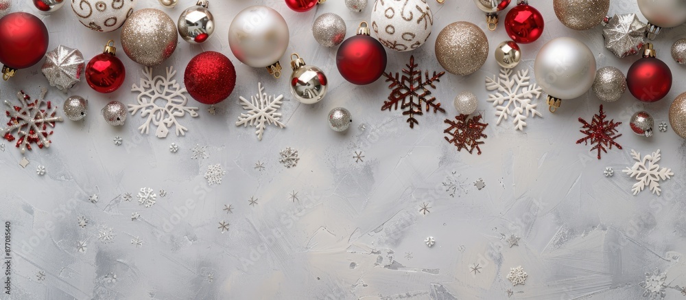 Poster festive winter border featuring decorative baubles, snowflakes on a grey background. perfect for chr