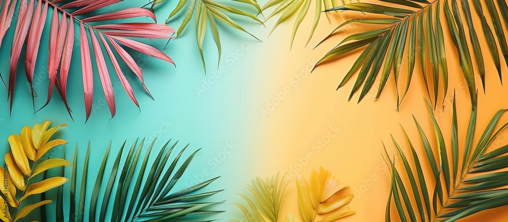 Poster Colorful tropical palm leaf with copy space image on background