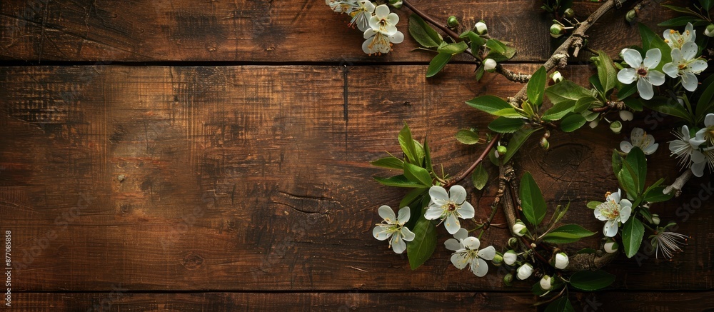 Poster A branch with spring flowers displayed on a wooden backdrop, providing a charming copy space image.